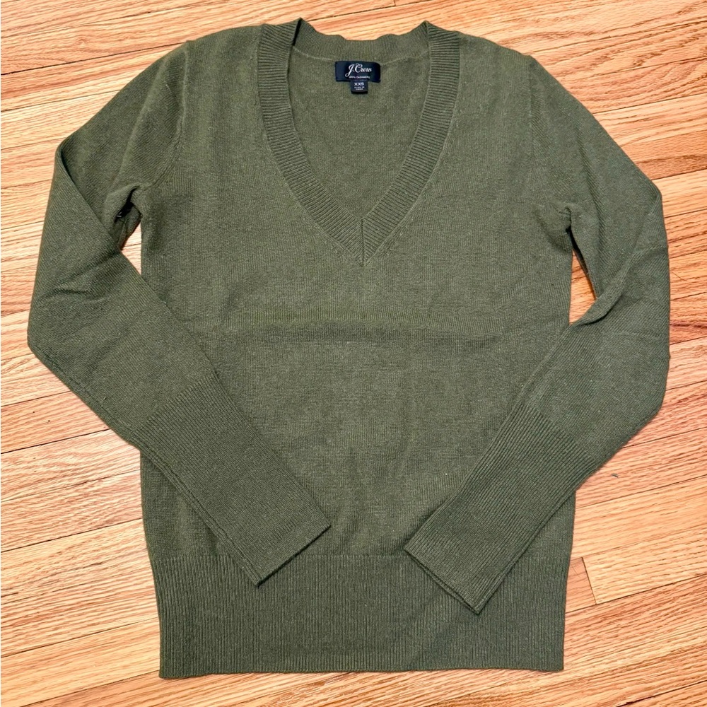 J. Crew Olive Green Cashmere V-Neck Sweater